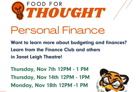 In big text it says "Food for Thought" and in smaller text it says "Personal Finance and the dates and times."