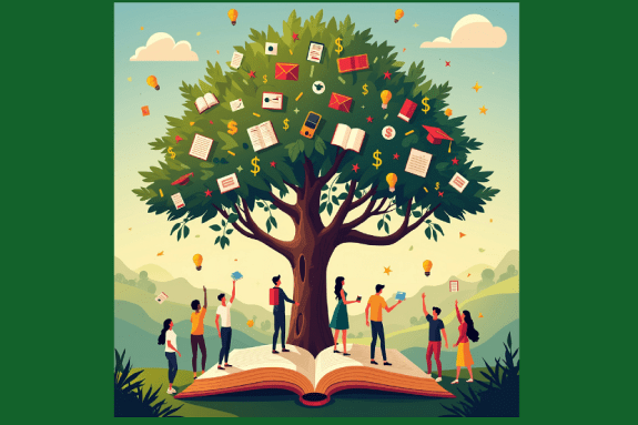 image of a tree with books, educational materials and dollar signs in it with a group of students below getting free books and lightbulbs to indicate ideas and knowledge or learning.