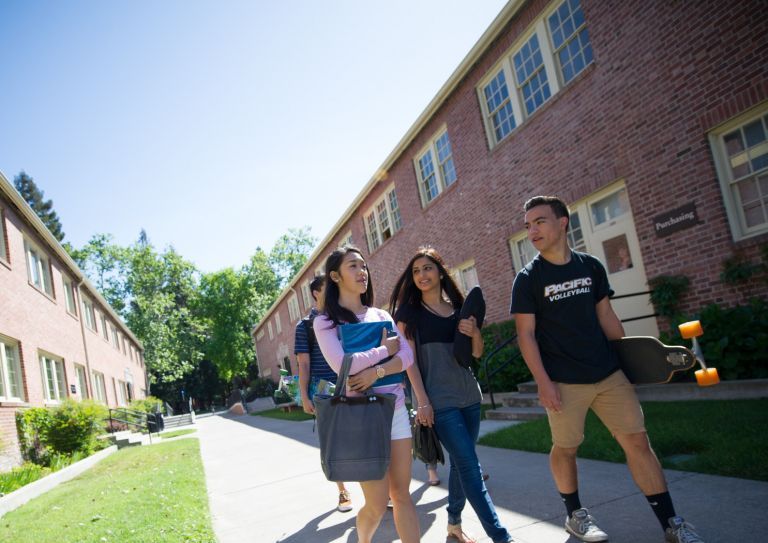 students walking by residence halls