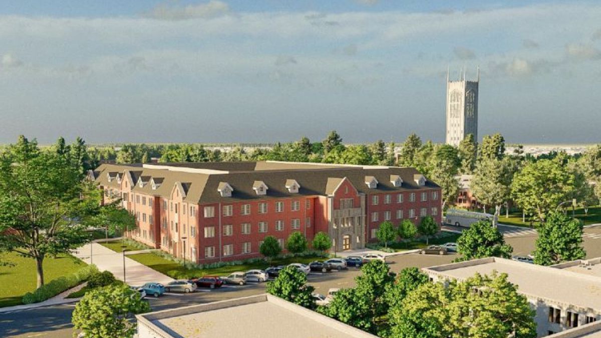 An exterior rendering of southwest hall