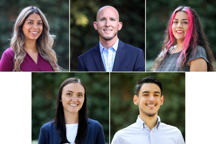 Five portraits of students in front of a green background. 