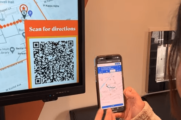 A scannable QR code allows users to transfer directions directly to Google Maps on their phones.