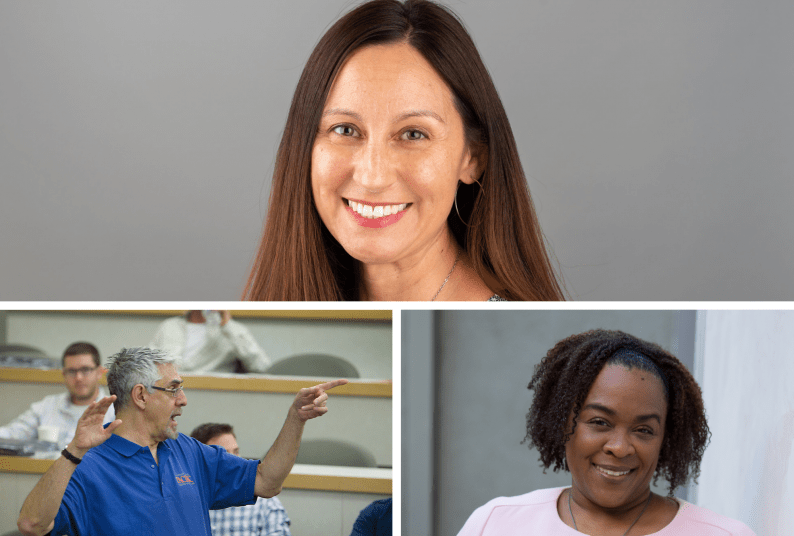 A collage of Professor Rachael Salcido (top) and Deans Larry Levine (bottom left) and Tracy Simmons (bottom right)