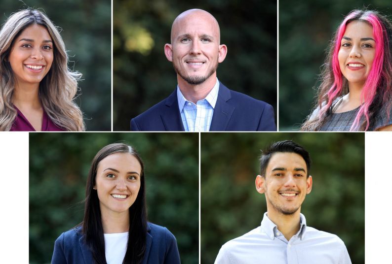 Five portraits of students in front of a green background. 