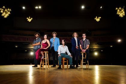 From left to right: From left to right: Marwan Ghonima '24 (upright and electronic bassist), Gianna Pedregon ’24 (violinist), Leo Milano ’26 (tenor saxophonist), Aimee Macdonald '26 (saxophonist), Samson Hulett '24 (drummer) and alumnus Toby Keys '22 (pianist). 