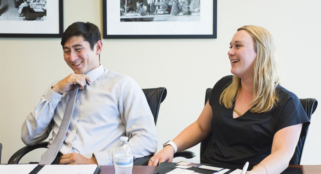 Sarah Gamble and Alex Giannini, students participating in SacSum, meet with Chris Micheli of Aprea & Micheli, a government relations firm in Sacramento, June 23, 2016.