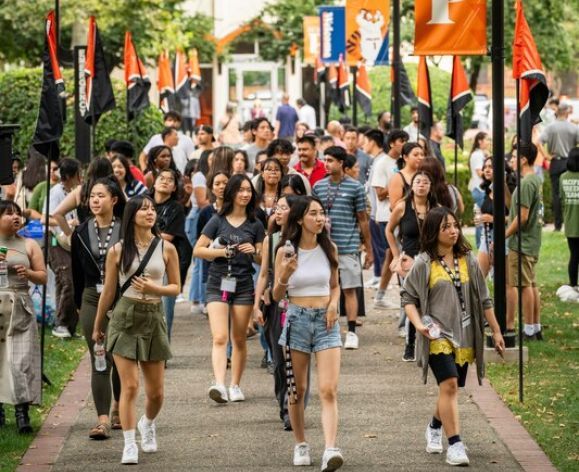 students walking on a path